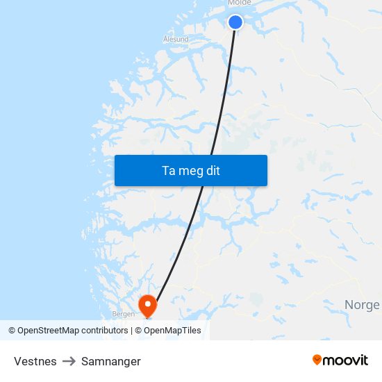 Vestnes to Samnanger map