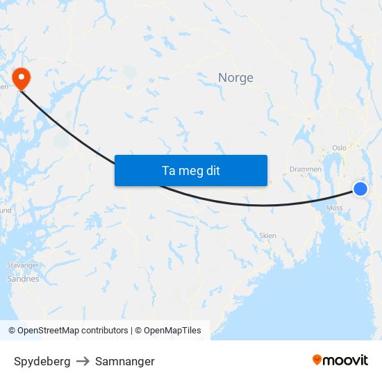 Spydeberg to Samnanger map