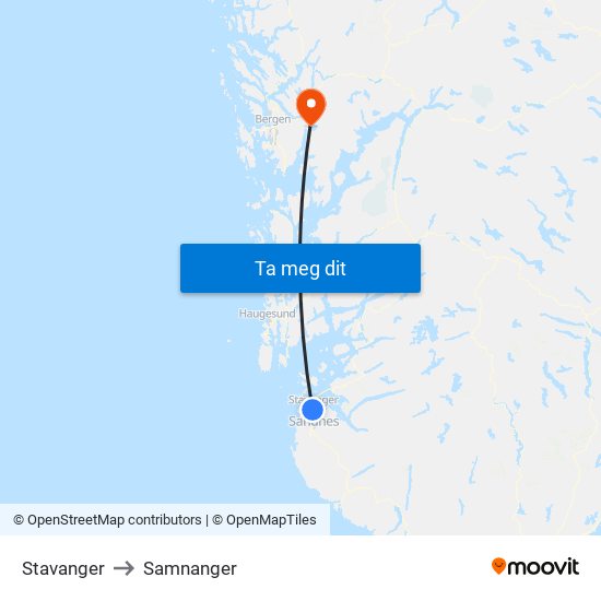 Stavanger to Samnanger map