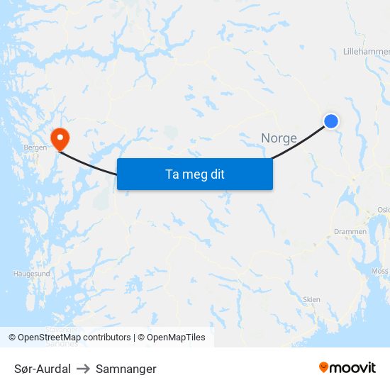 Sør-Aurdal to Samnanger map