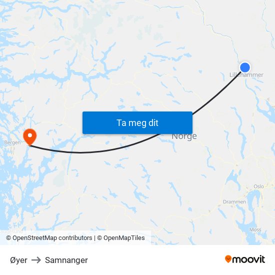 Øyer to Samnanger map