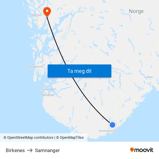 Birkenes to Samnanger map