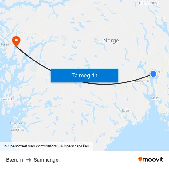 Bærum to Samnanger map