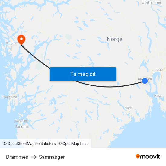 Drammen to Samnanger map