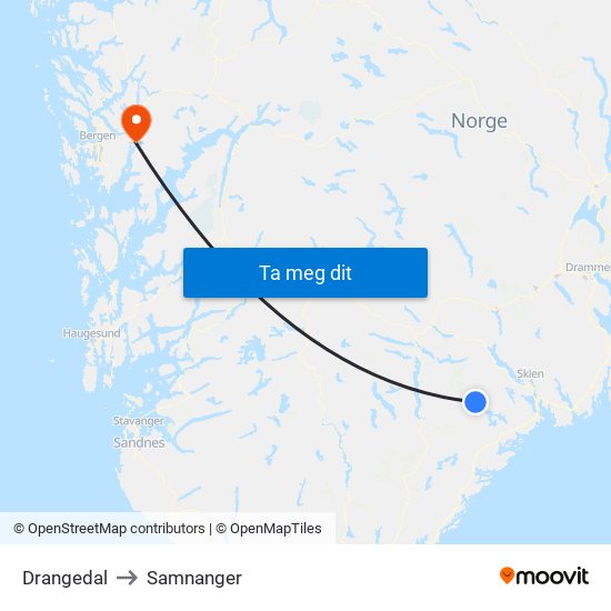 Drangedal to Samnanger map