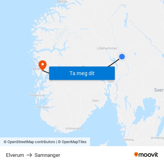 Elverum to Samnanger map