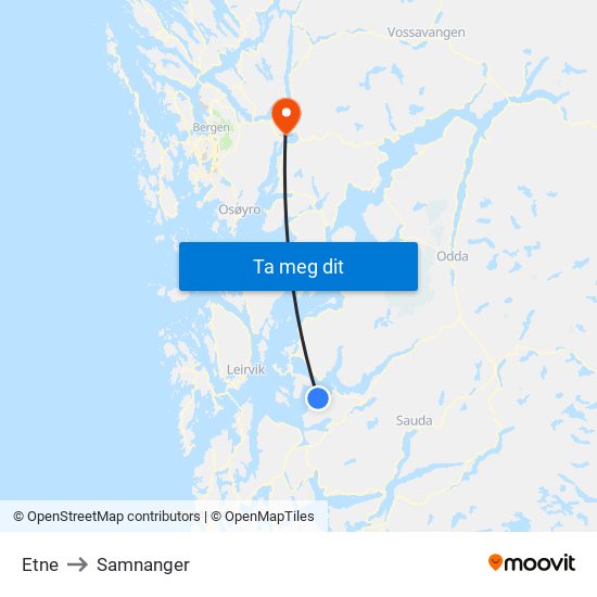 Etne to Samnanger map