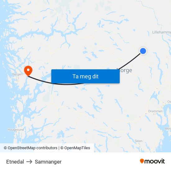 Etnedal to Samnanger map