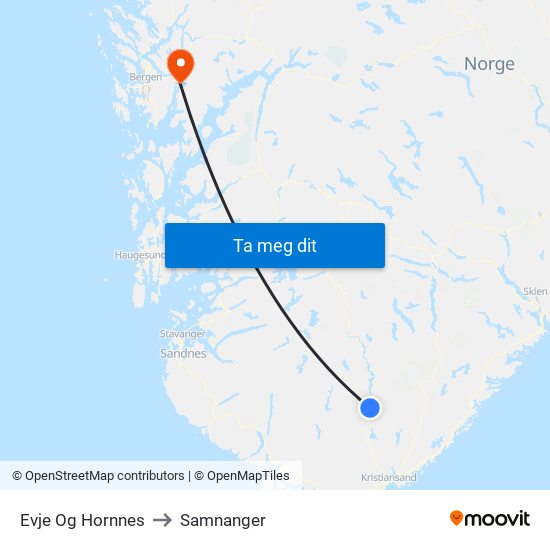 Evje Og Hornnes to Samnanger map