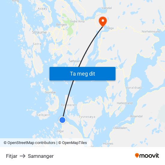 Fitjar to Samnanger map