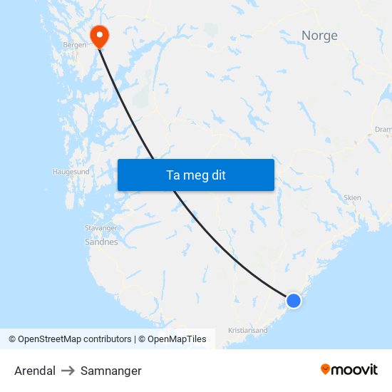 Arendal to Samnanger map