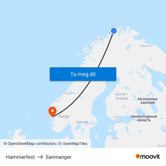Hammerfest to Samnanger map