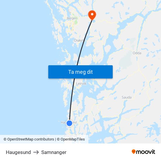 Haugesund to Samnanger map