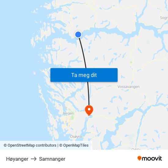 Høyanger to Samnanger map