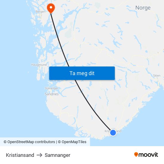 Kristiansand to Samnanger map