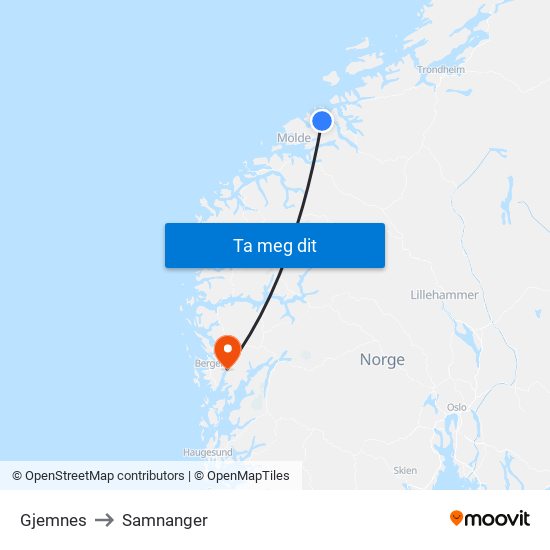 Gjemnes to Samnanger map