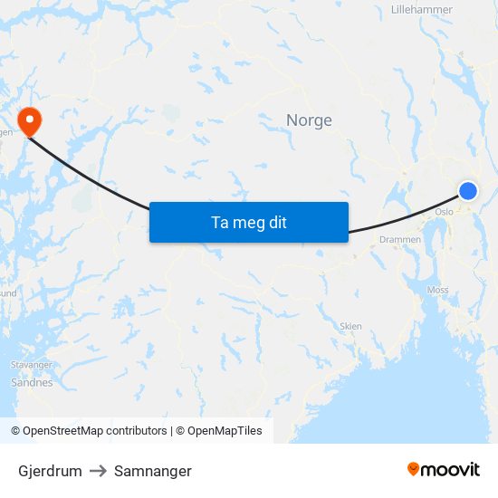 Gjerdrum to Samnanger map