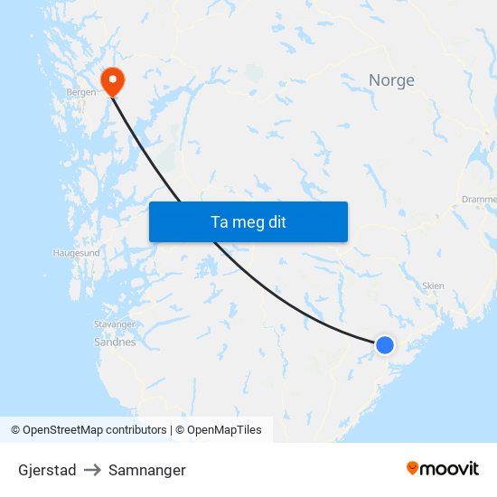 Gjerstad to Samnanger map