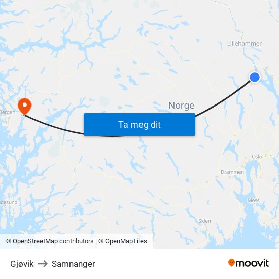 Gjøvik to Samnanger map