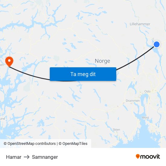 Hamar to Samnanger map