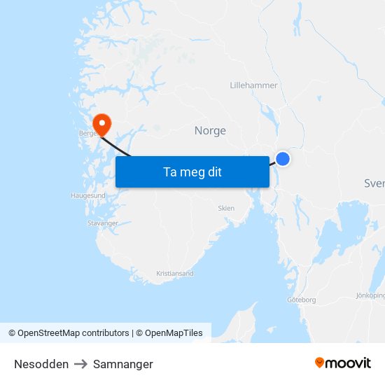 Nesodden to Samnanger map