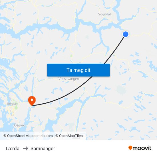 Lærdal to Samnanger map