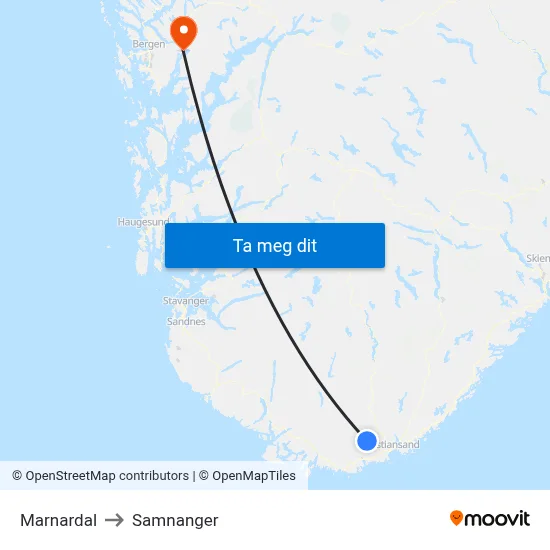 Marnardal to Samnanger map