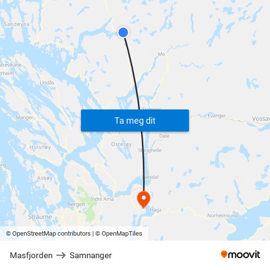 Masfjorden to Samnanger map
