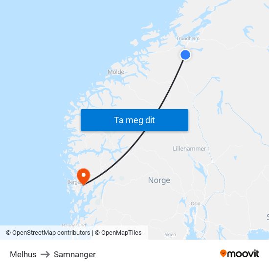 Melhus to Samnanger map