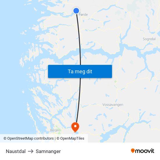 Naustdal to Samnanger map