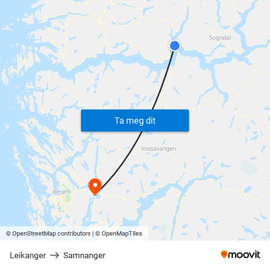Leikanger to Samnanger map