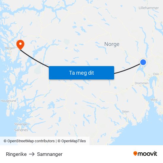 Ringerike to Samnanger map