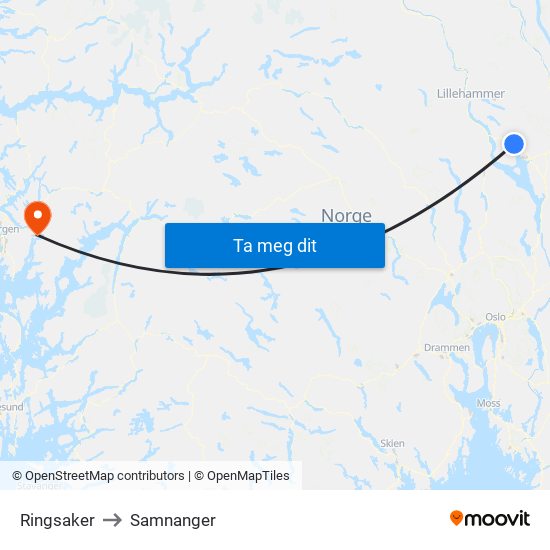 Ringsaker to Samnanger map