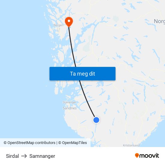 Sirdal to Samnanger map