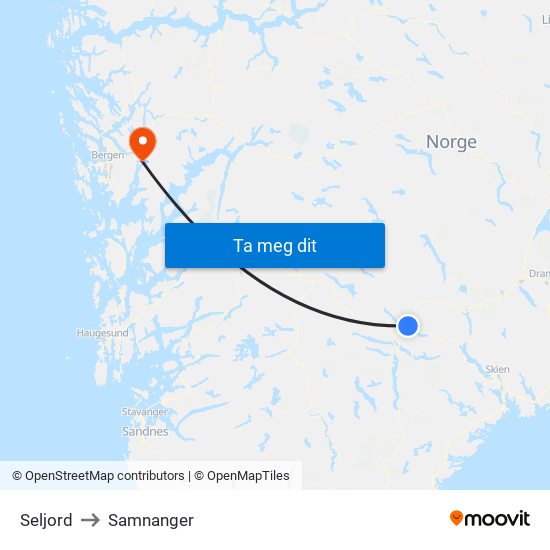 Seljord to Samnanger map