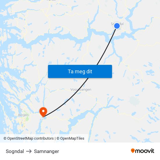 Sogndal to Samnanger map