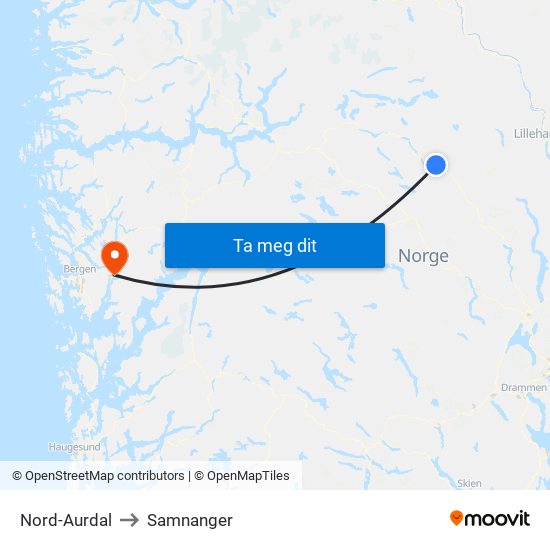 Nord-Aurdal to Samnanger map