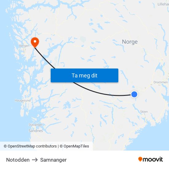 Notodden to Samnanger map