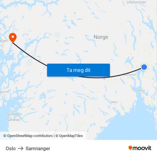 Oslo to Samnanger map