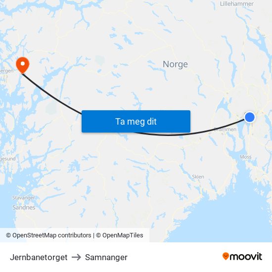Jernbanetorget to Samnanger map