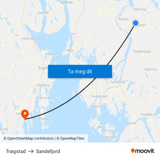 Trøgstad to Sandefjord map