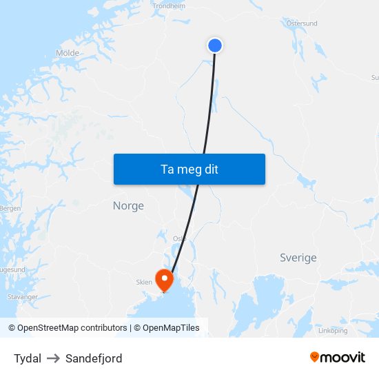 Tydal to Sandefjord map