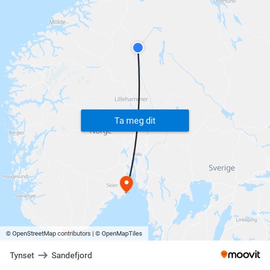 Tynset to Sandefjord map