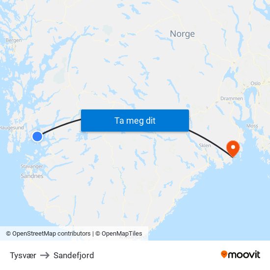 Tysvær to Sandefjord map
