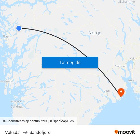 Vaksdal to Sandefjord map