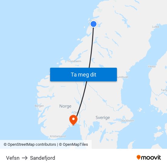 Vefsn to Sandefjord map