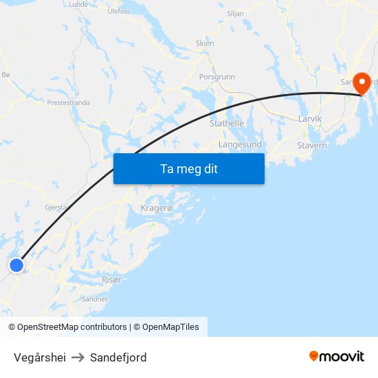 Vegårshei to Sandefjord map