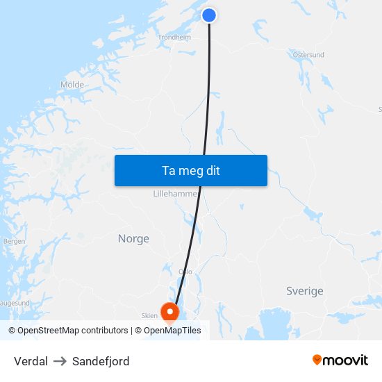 Verdal to Sandefjord map