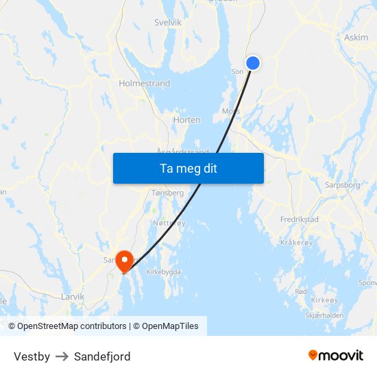 Vestby to Sandefjord map