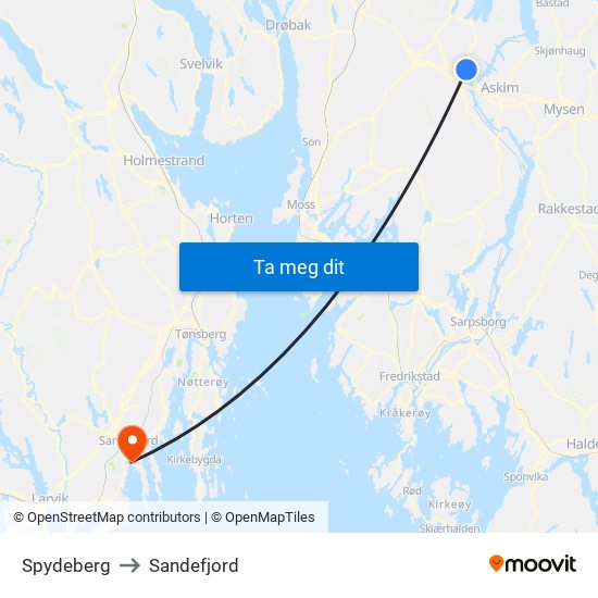 Spydeberg to Sandefjord map